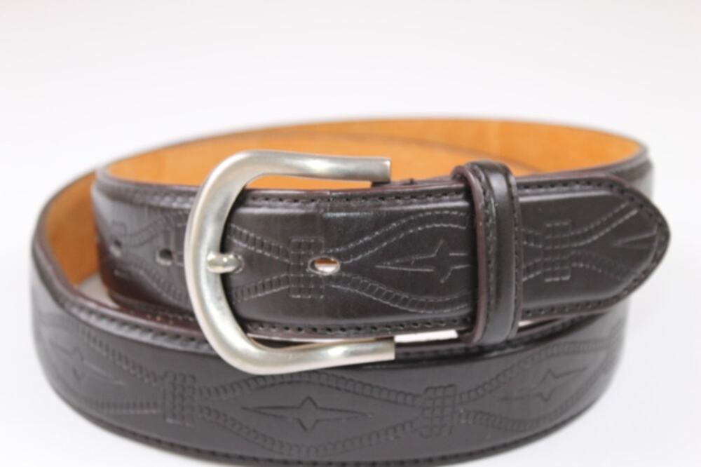 Dark Brown Tooled Leather Belt Silver Tone Buckle Western size 39